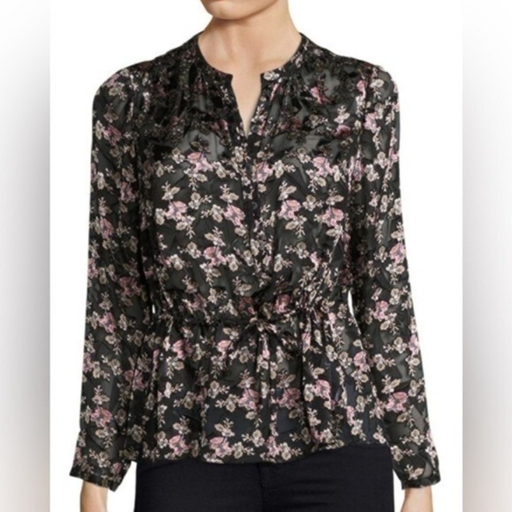 Rebecca Taylor Floral Silk Blend Blouse Womens 4 Black Drawstring Waist - Picture 2 of 8